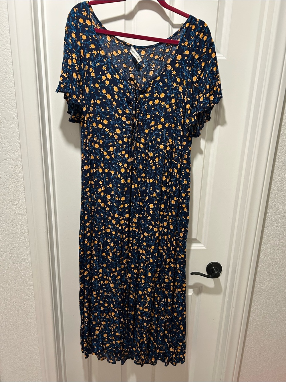 Navy Midi Dress with Yellow Floral Print